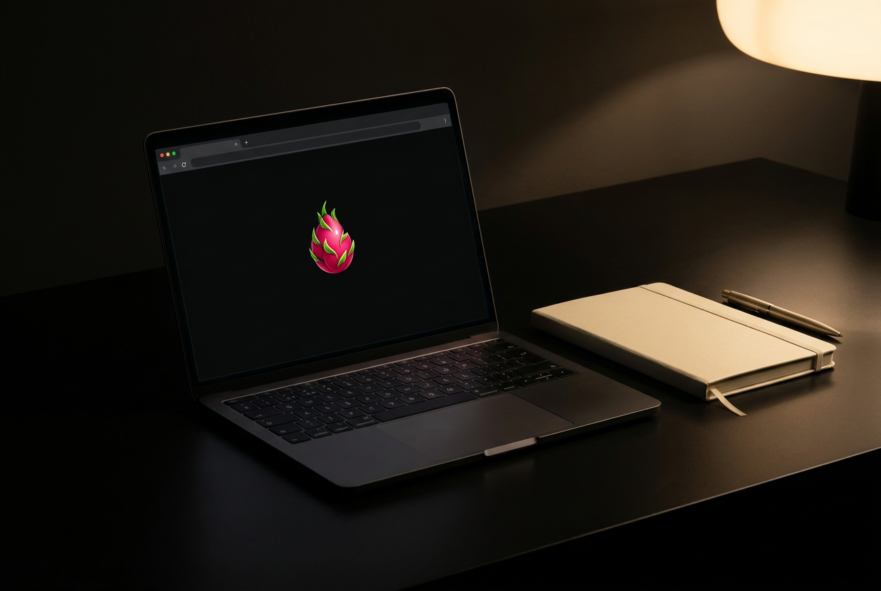 Portátil sobre un escritorio oscuro mostrando el logo de Pittahaya