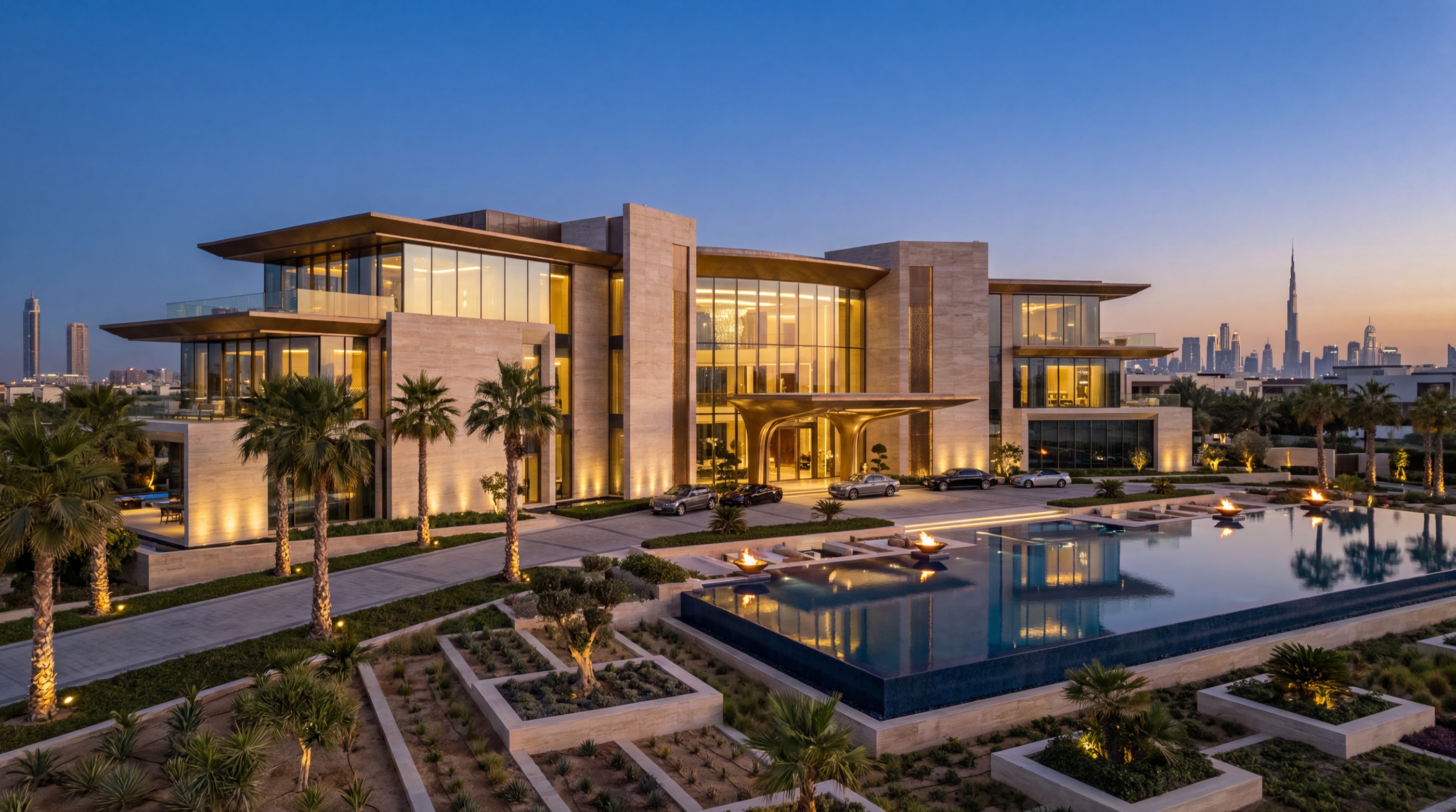 Concepto de super mansión privada frente al horizonte de Dubai