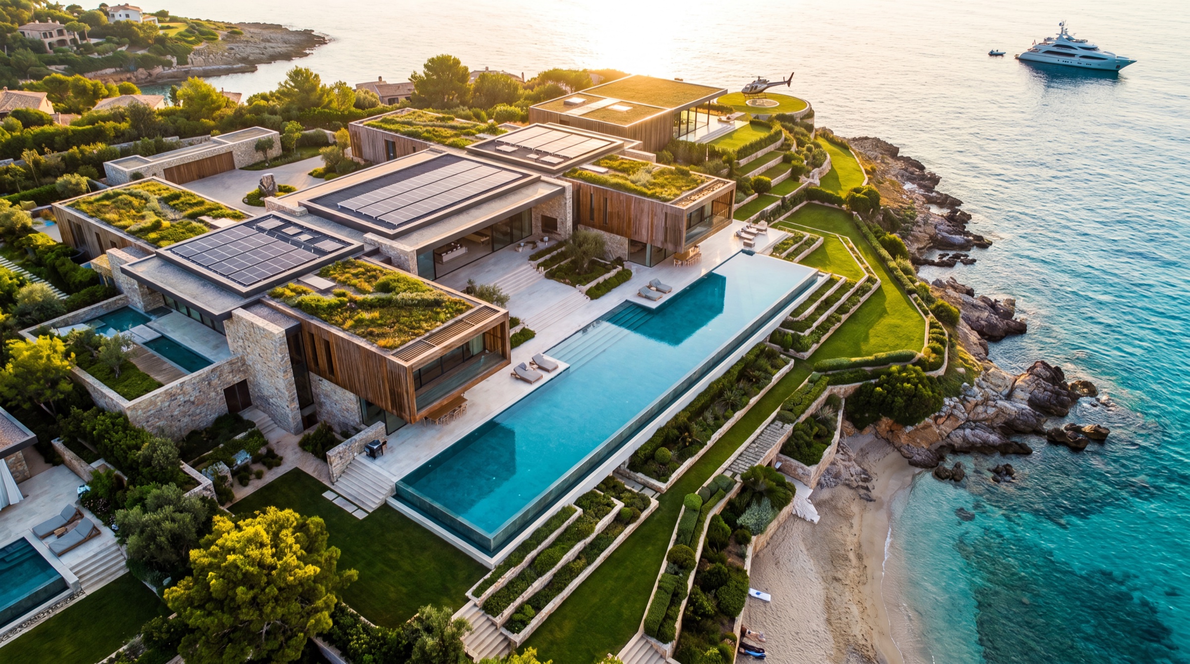Vista aérea de Villa Mare Alta sobre la costa, con piscina infinita y cala privada