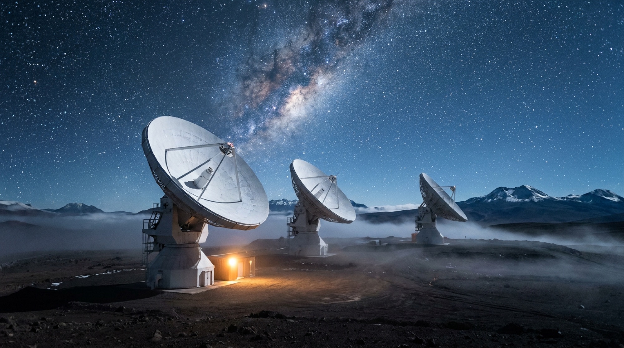 Three ground-station dish antennas on a volcanic plateau beneath the Milky Way.
