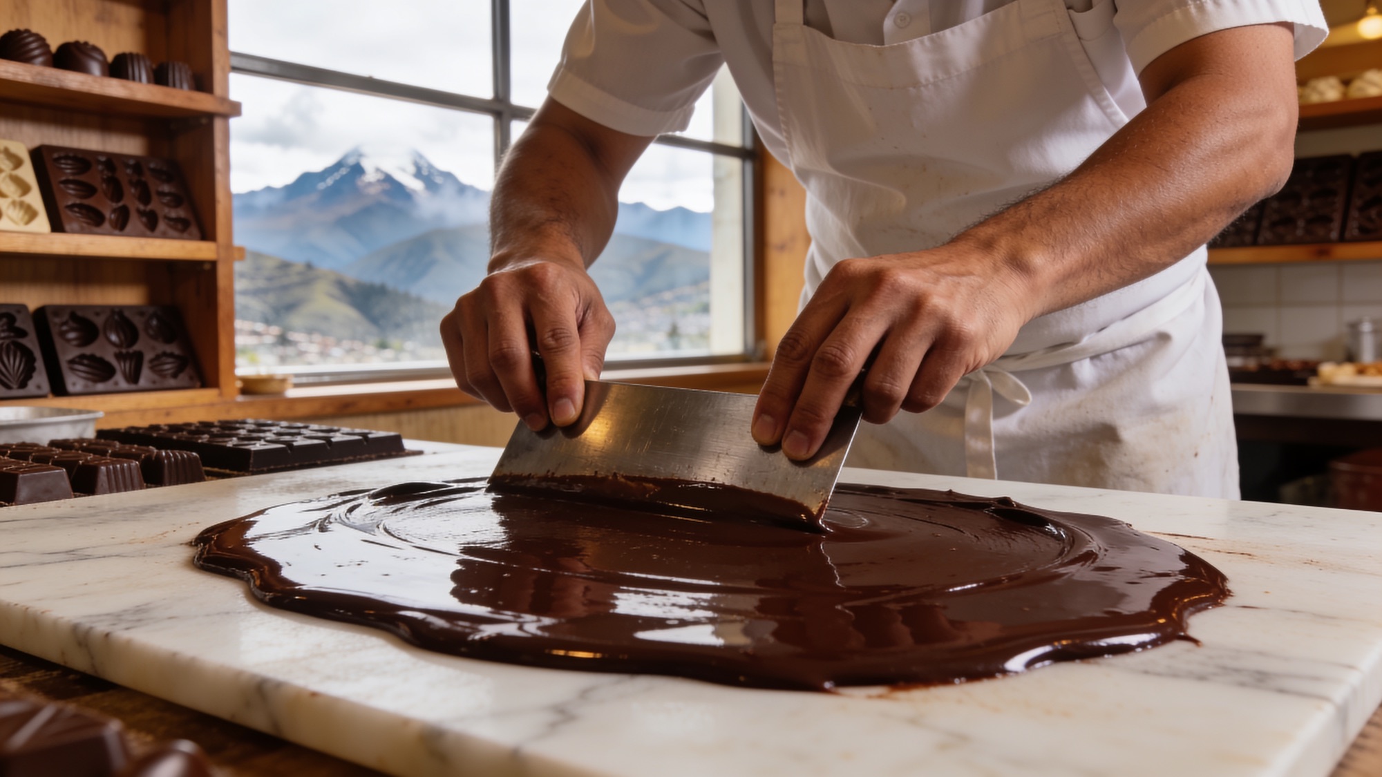 Chocolate templado sobre mármol en Quito