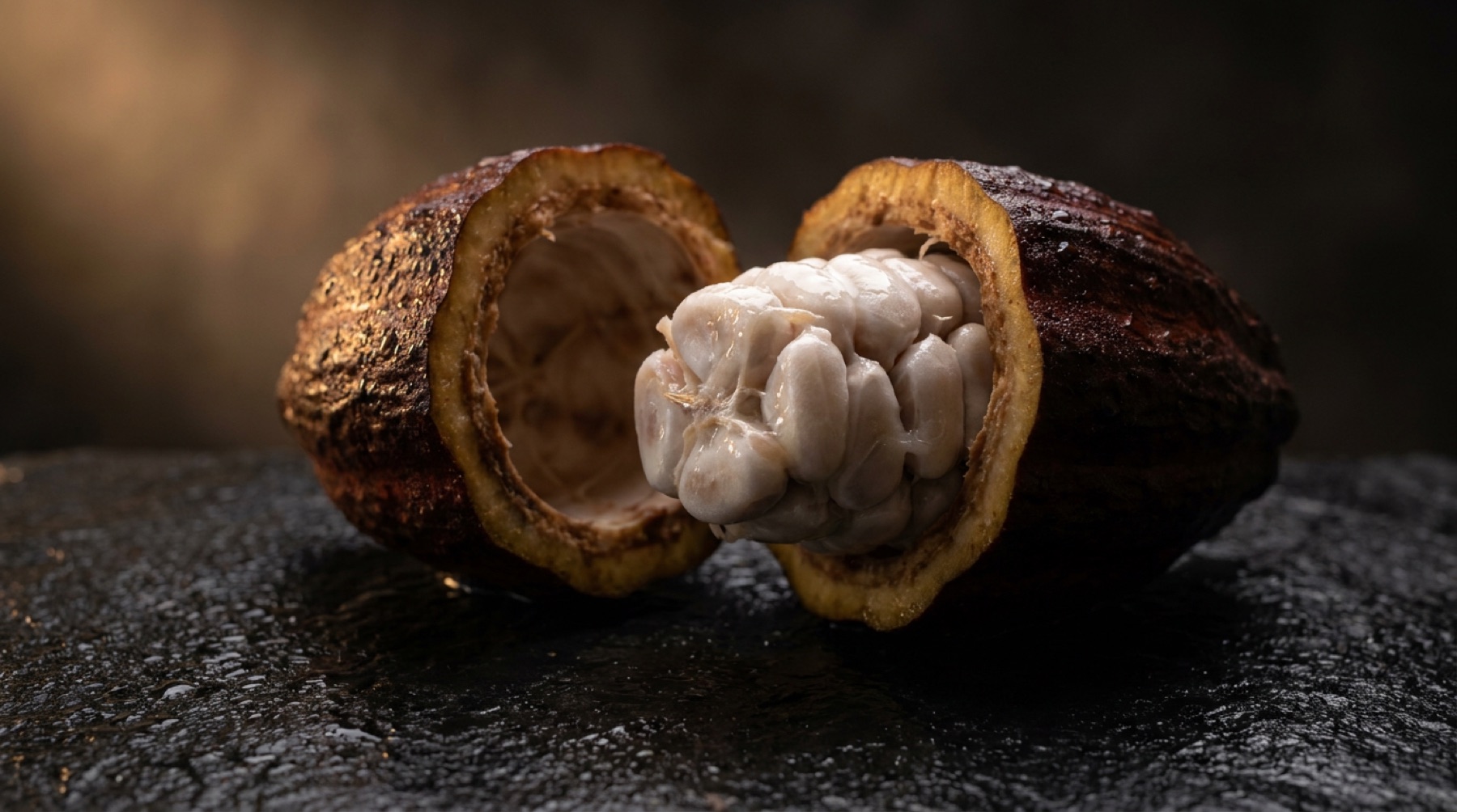 Mazorca de cacao abierta mostrando los granos frescos